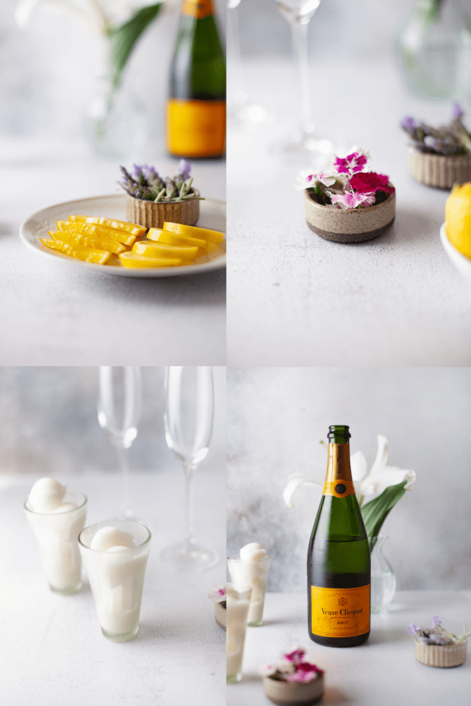 ingredients: lemons, flowers, peach sorbet, champagne