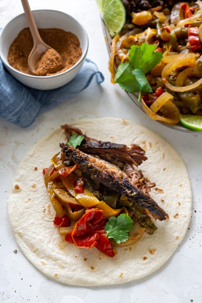 steak fajitas in a tortilla