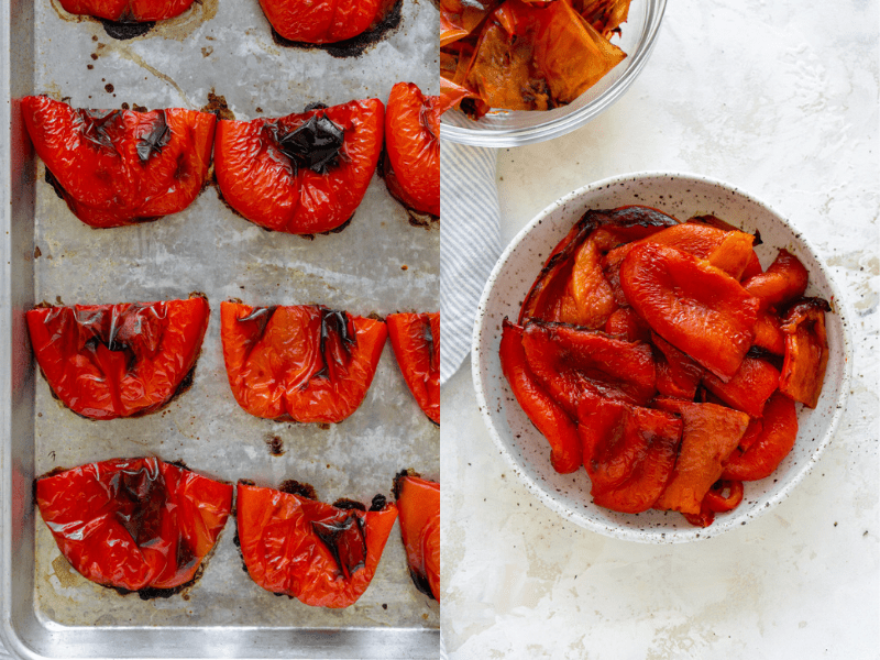 roasted red peppers on a sheet pan and in a white bowl