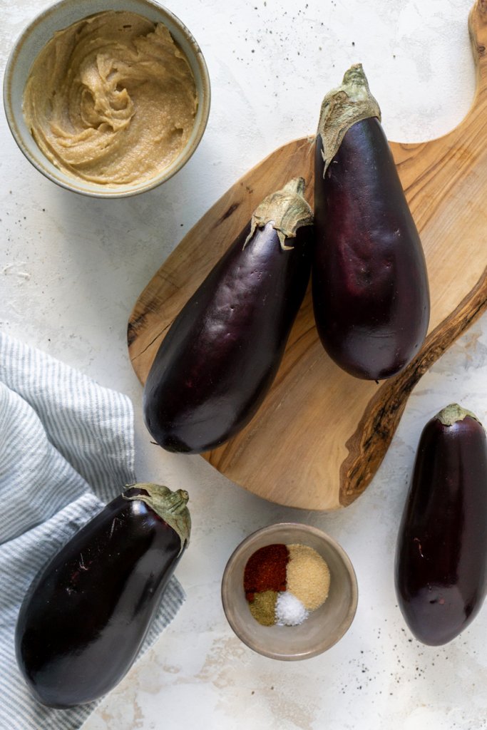 ingredients: eggplant, spices, tahini