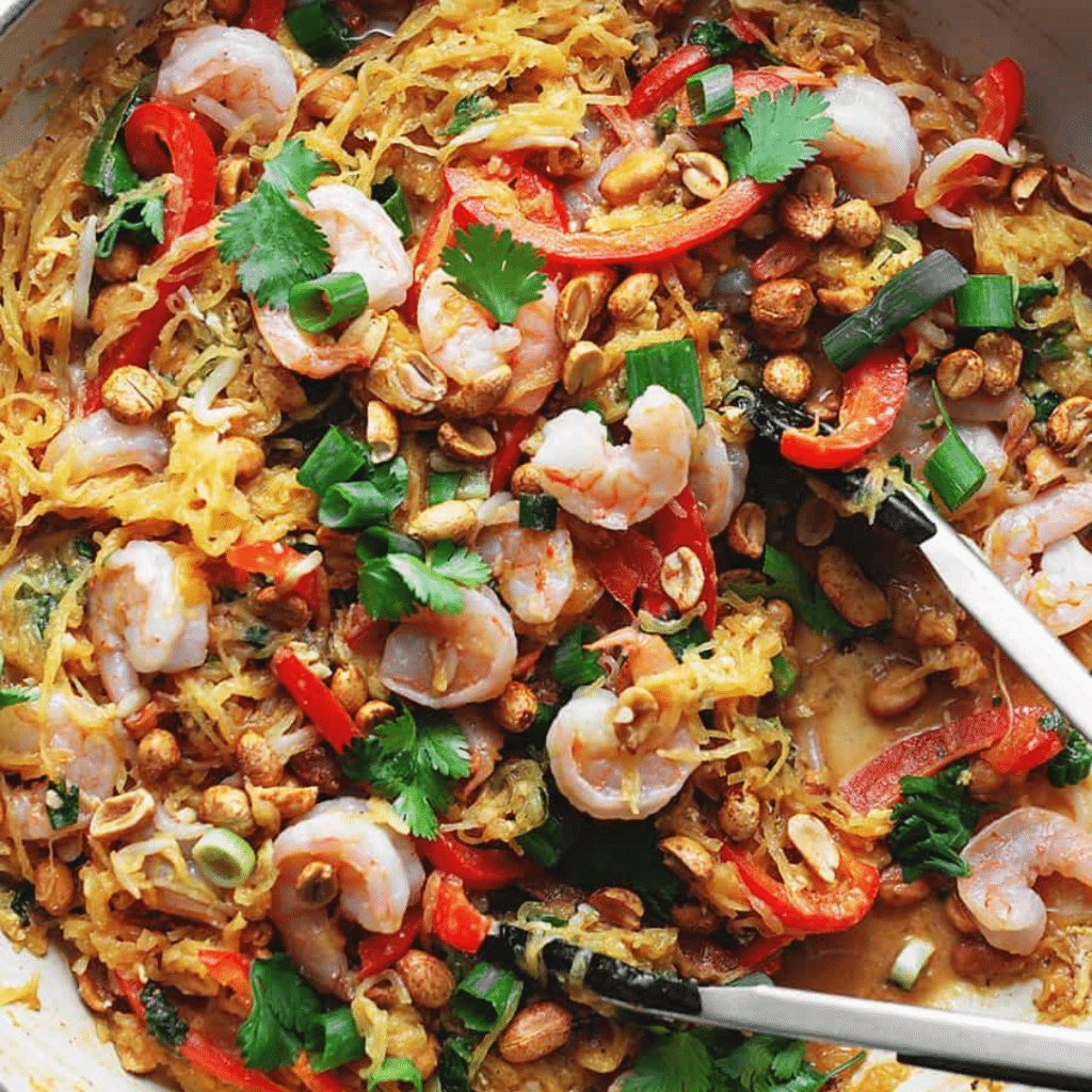 spaghetti squash pad thai with tongs