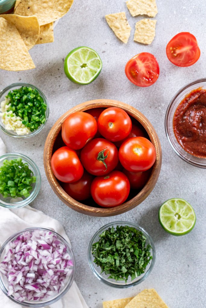 tomatoes in a bowl, basil, red onion, green onions, garlic, jalapeno, and tomato paste all in individual bowls