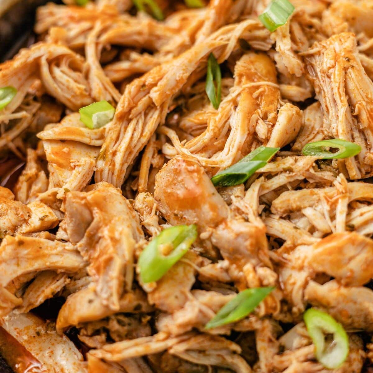 Close up of shredded buffalo chicken.