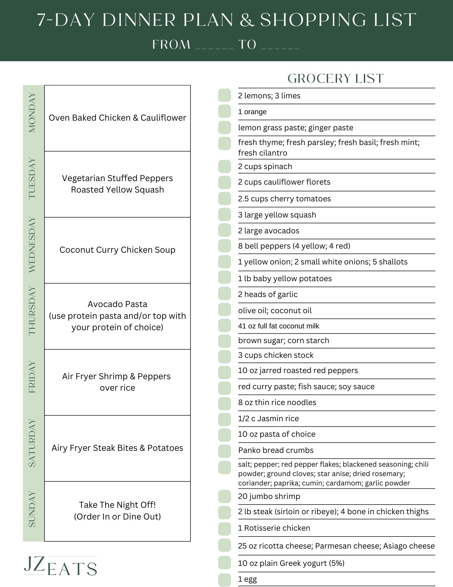 A list of recipes for a weekly meal plan including a shopping list.