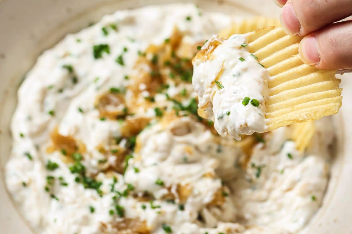 A hand holding a chip with French onion dip scooped on top.