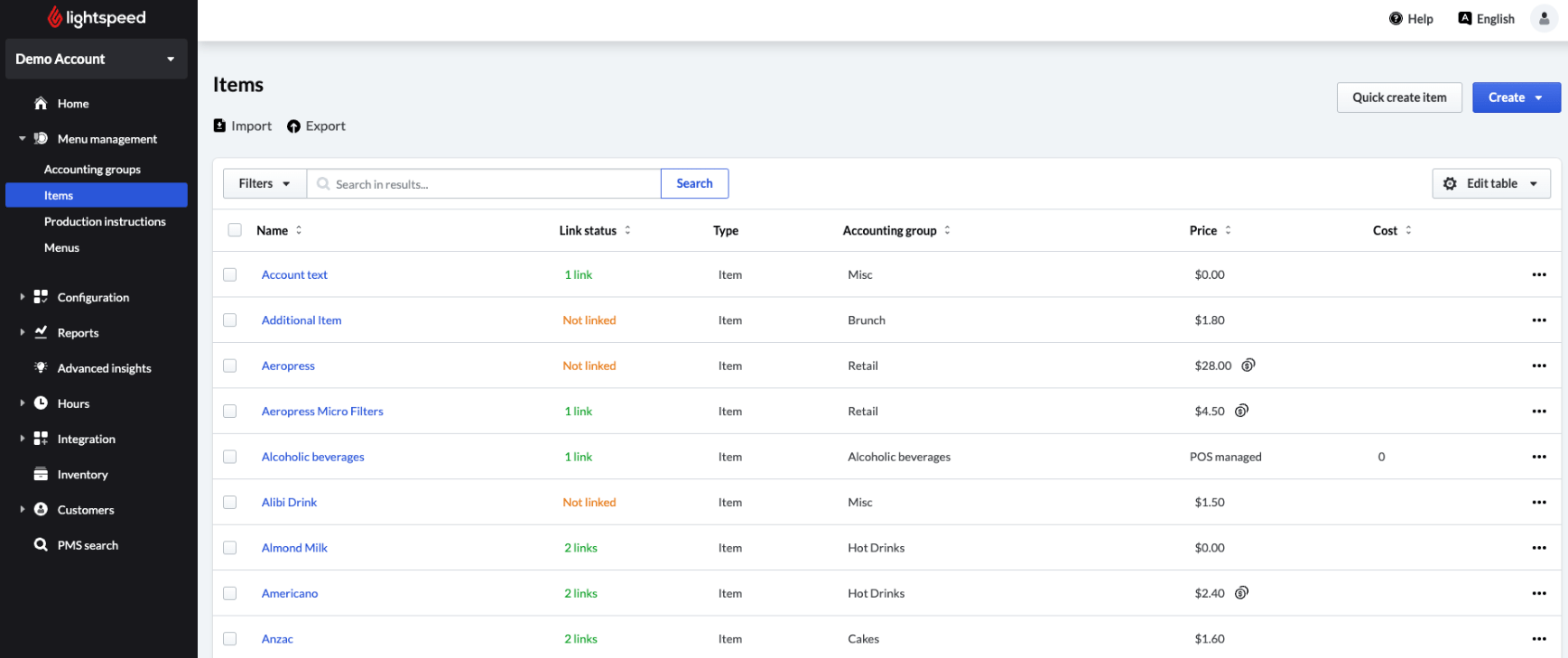 Using the items table Lightspeed Restaurant (KSeries)