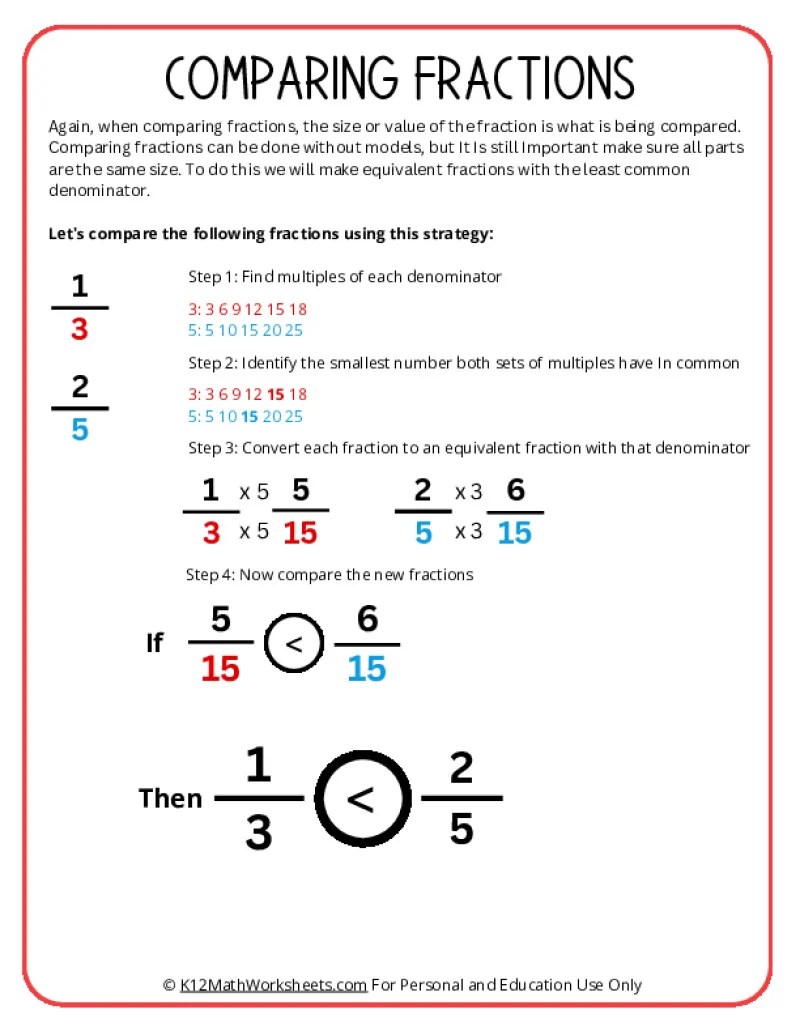 Comparing Fractions Worksheets