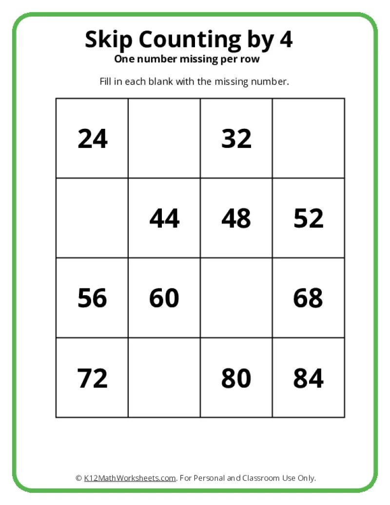 Skip Counting by 4 - K12 Math Worksheets