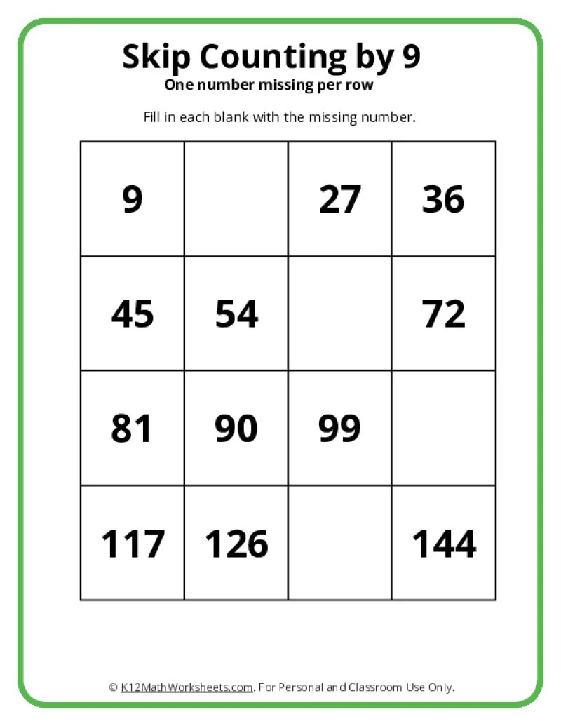 Skip Counting by 9 Worksheets