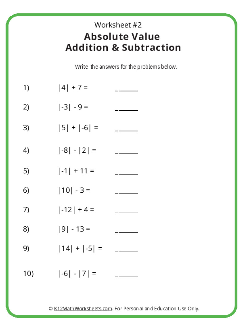 Absolute Value Worksheets