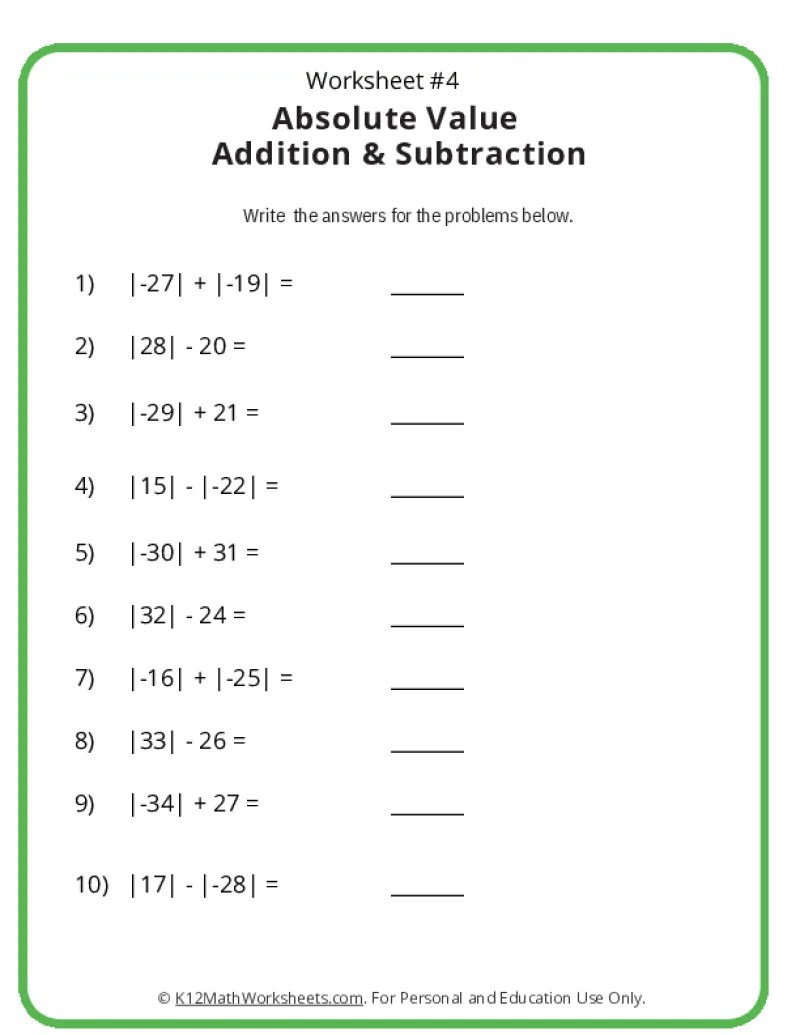 Absolute Value Worksheets