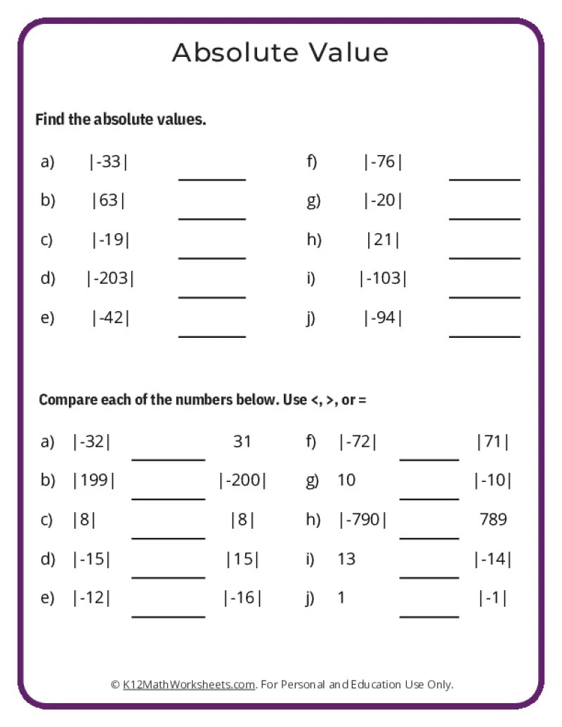 Absolute Value Worksheets