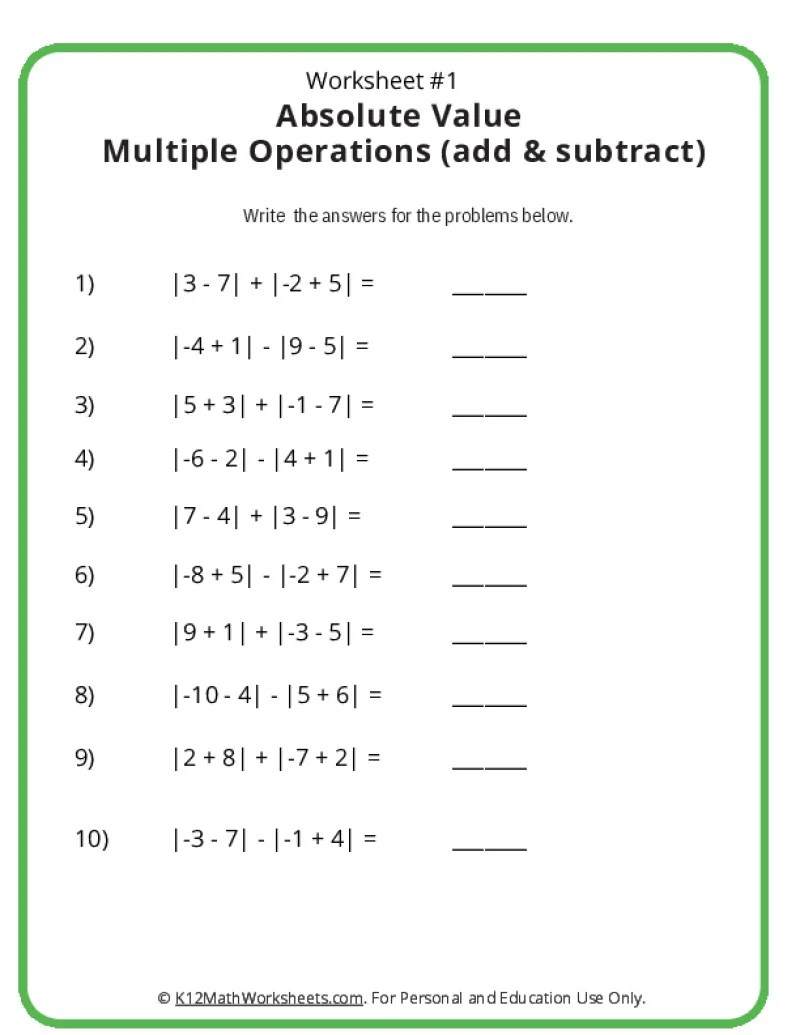 Absolute Value Worksheets