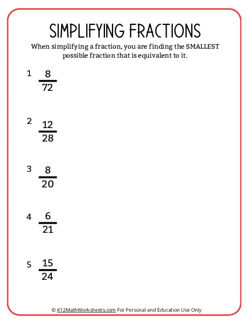 Simplifying Fractions Worksheets | K12mathworksheets.com