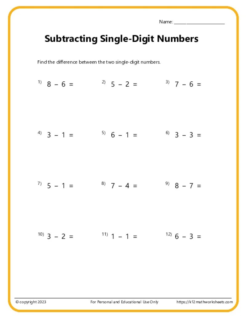 Single Digit Subtraction Worksheets - K12 Math Worksheets