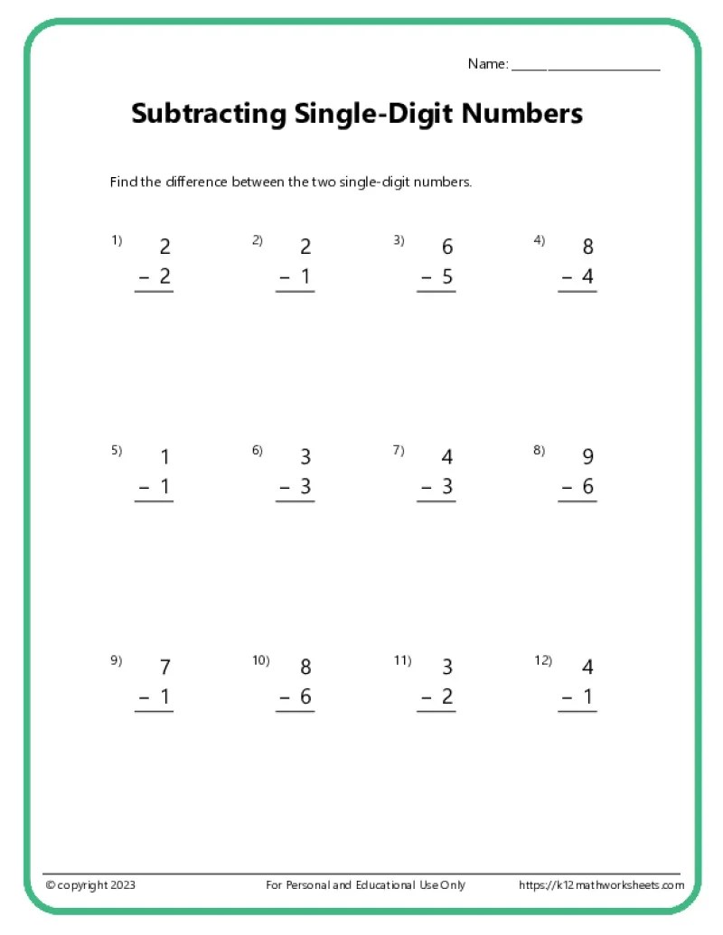 Single Digit Subtraction Worksheets - K12 Math Worksheets