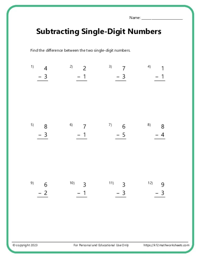 Single Digit Subtraction Worksheets - K12 Math Worksheets