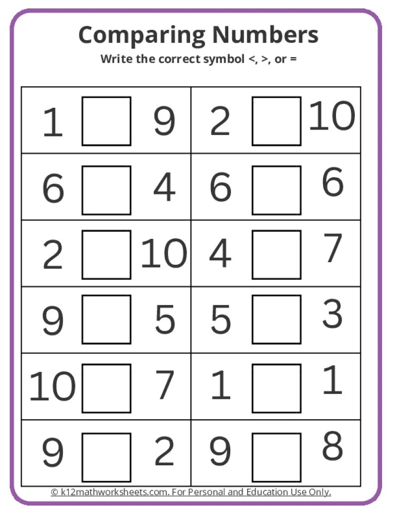 Kindergarten Comparing Numbers Worksheets