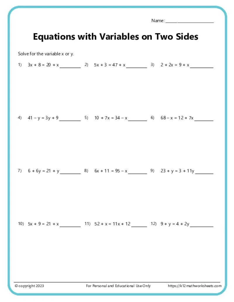 Variable Equations Worksheets