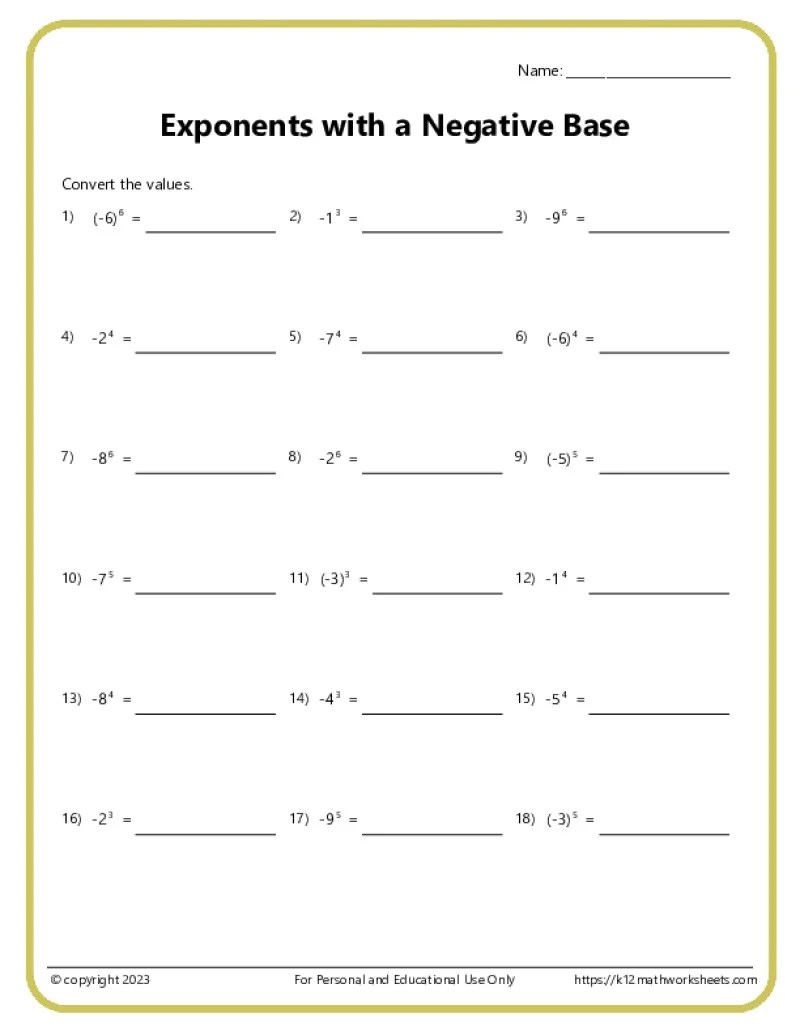 Exponents Worksheets