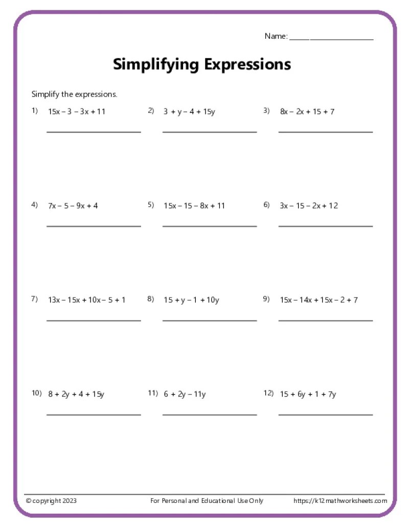 Simplifying Expressions Worksheets K12 Math Worksheets