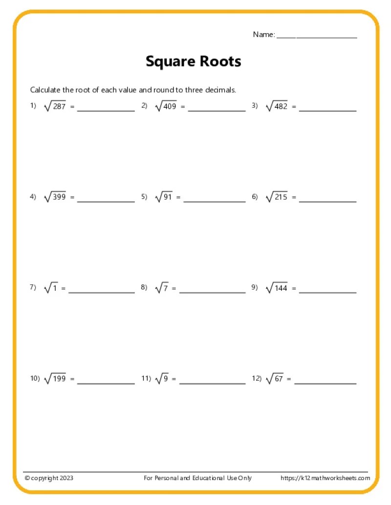 Square Roots, Cube, 4th, 5th & 6th Roots - K12 Math Worksheets