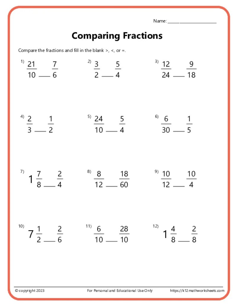 Comparing Fractions Worksheets