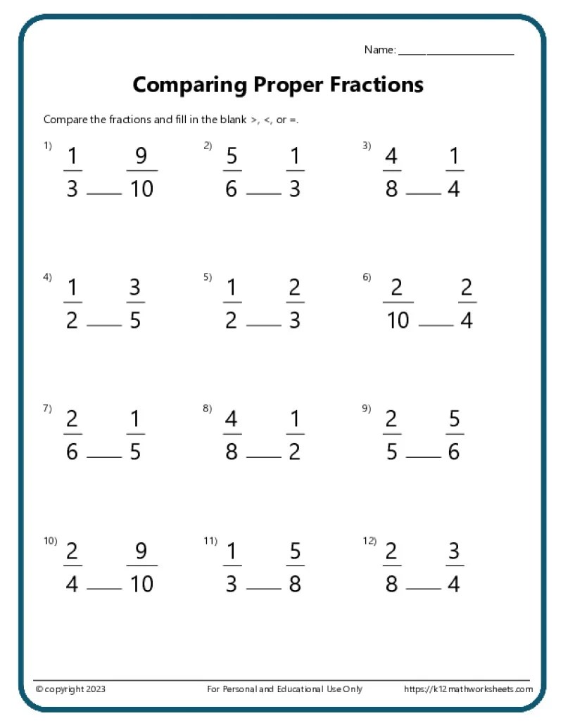Comparing Fractions Worksheets