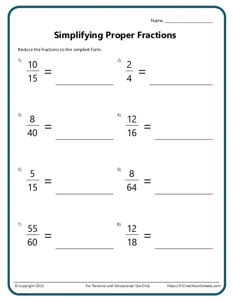Simplifying Fractions Worksheets | K12mathworksheets.com