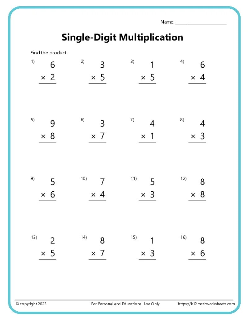 Single-Digit Multiplication Worksheets