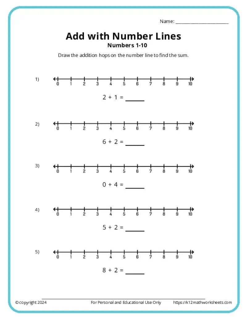 Add with Number Lines K12 Math Worksheets Add with Number Lines K12 Math Worksheets
