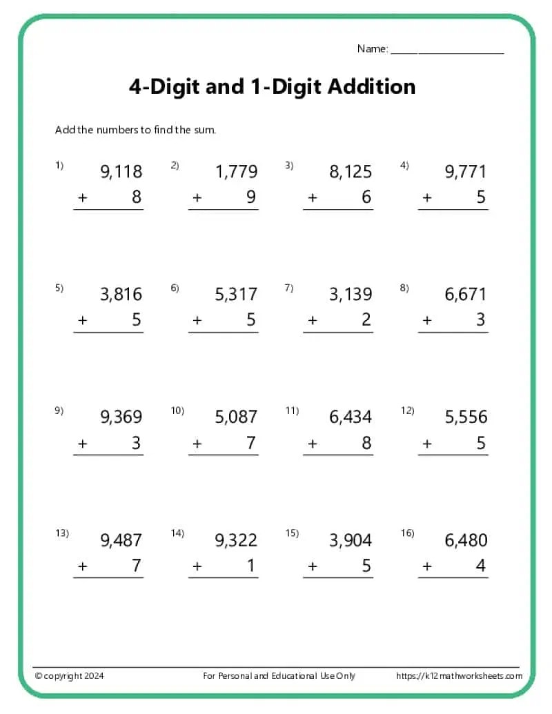 Four-Digit Addition Worksheets