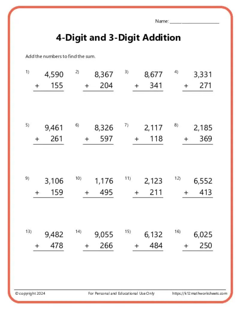 Four-Digit Addition Worksheets