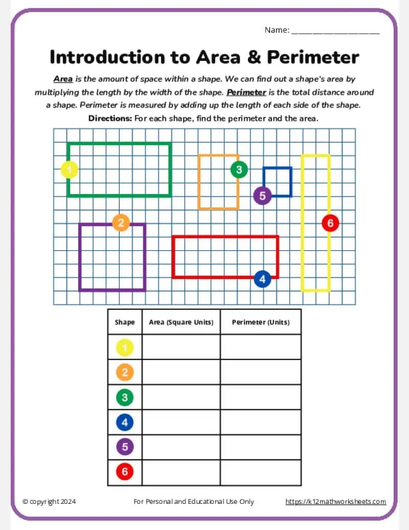 Area and Perimeter of Rectangles and Squares - K12 Math Worksheets
