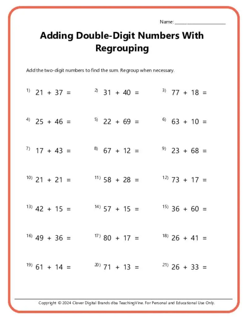Double Digit Addition With Regrouping Worksheets