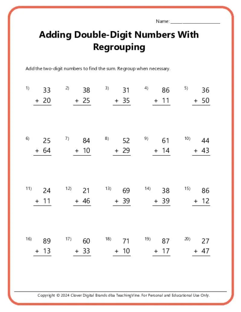 Double Digit Addition With Regrouping Worksheets