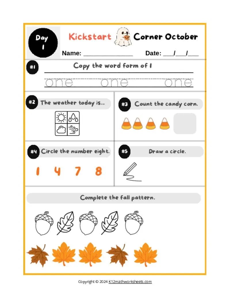 Kindergarten Kickstart Corner K12 Math Worksheets