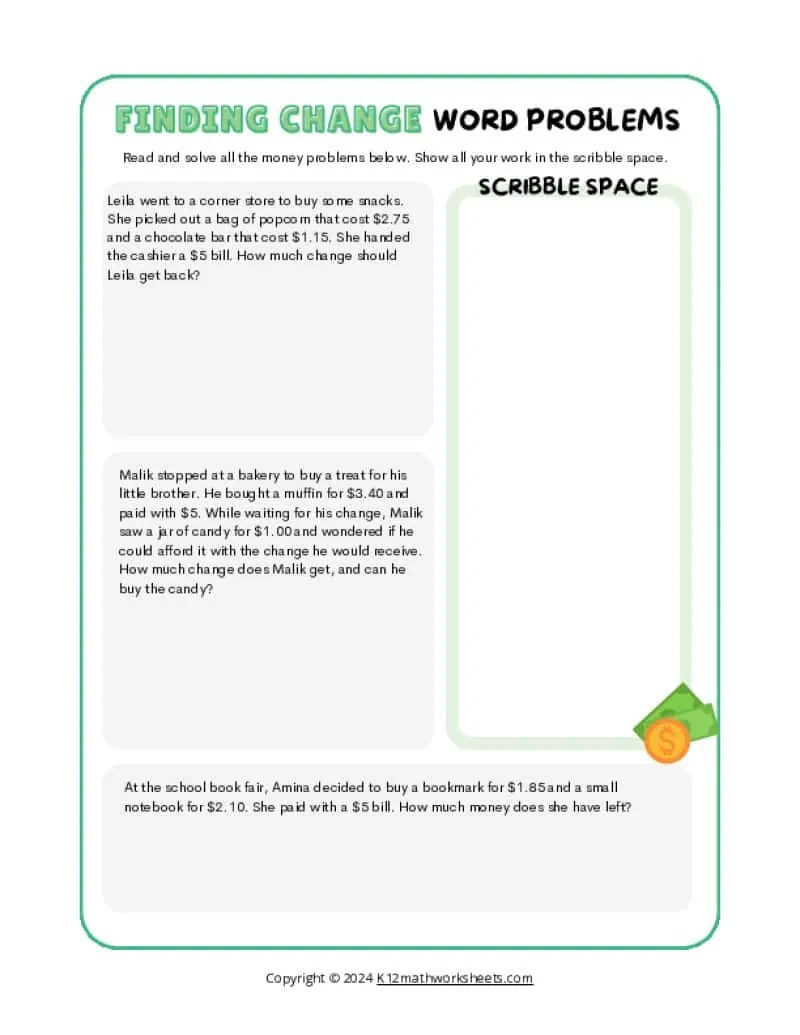 Simple Change Word Problem Worksheets - K12 Math Worksheets