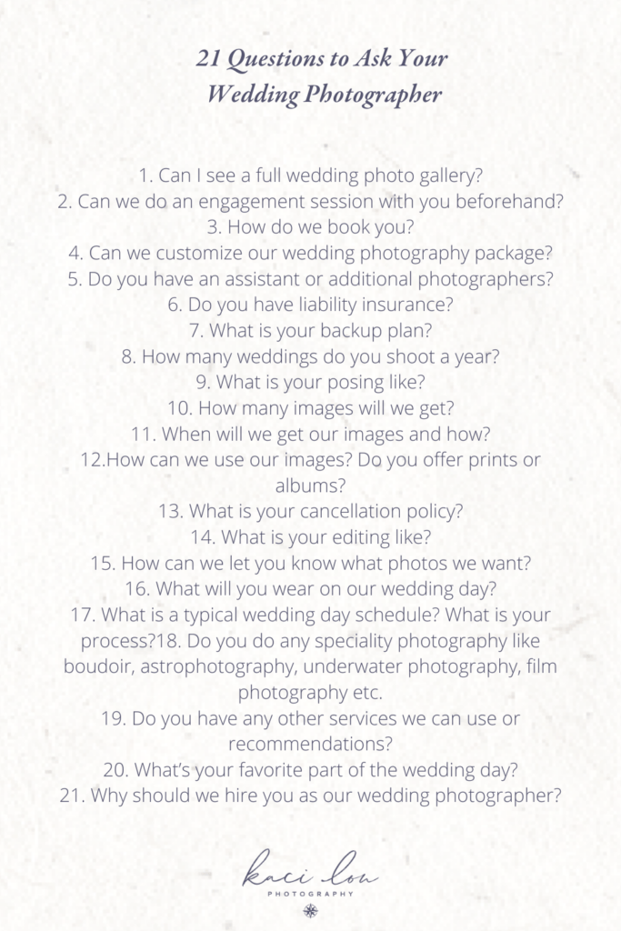 21 Questions to Ask Your Wedding Photographer Kaci Lou Photography
