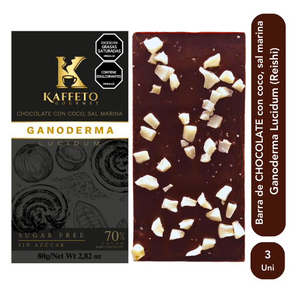 3 Barras de Chocolate con Coco, Sal Marina y Ganoderma Lucidum