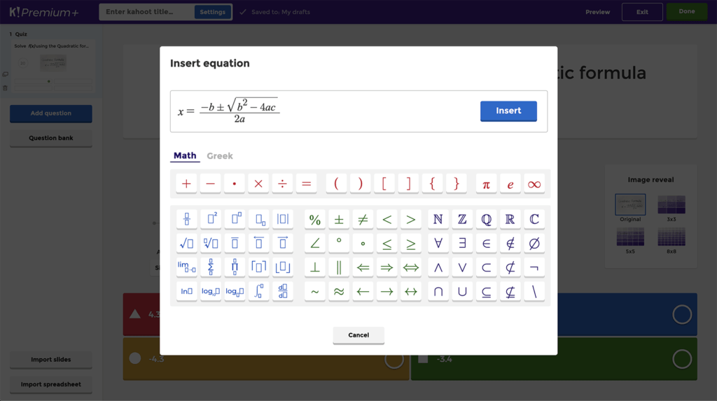 Math symbols in Kahoot! Build equations and formulas