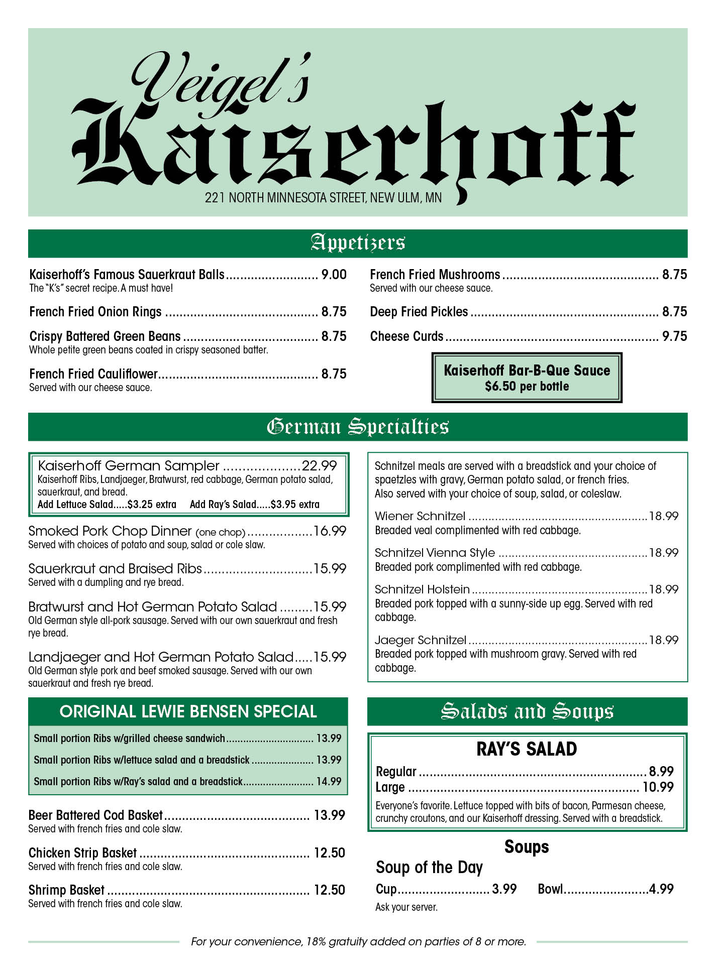 Menu Kaiserhoff New Ulm