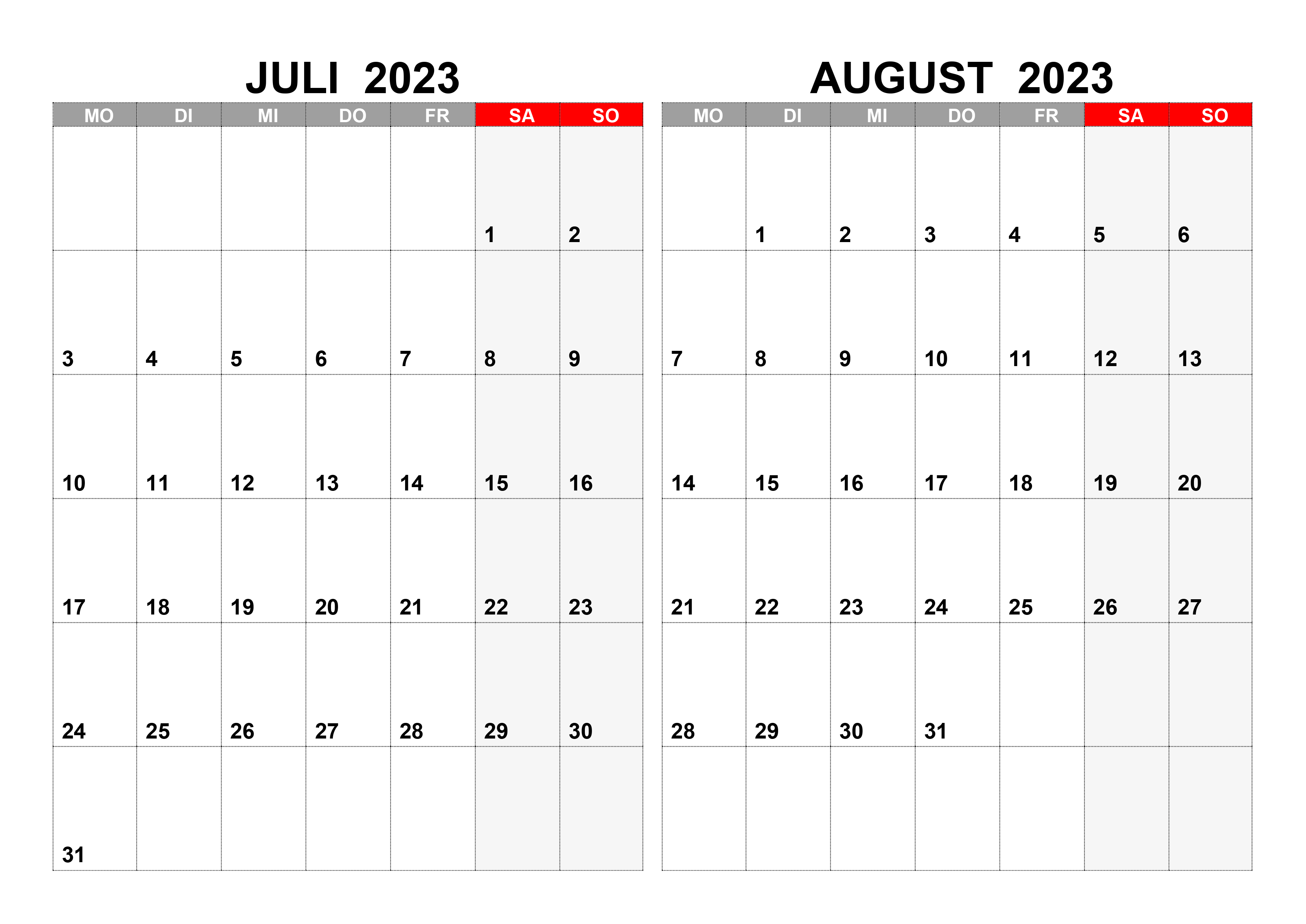 Kalender Juli August 2023 Zum Ausdrucken Kalender Für Juli, August 2023 – Kalender.su