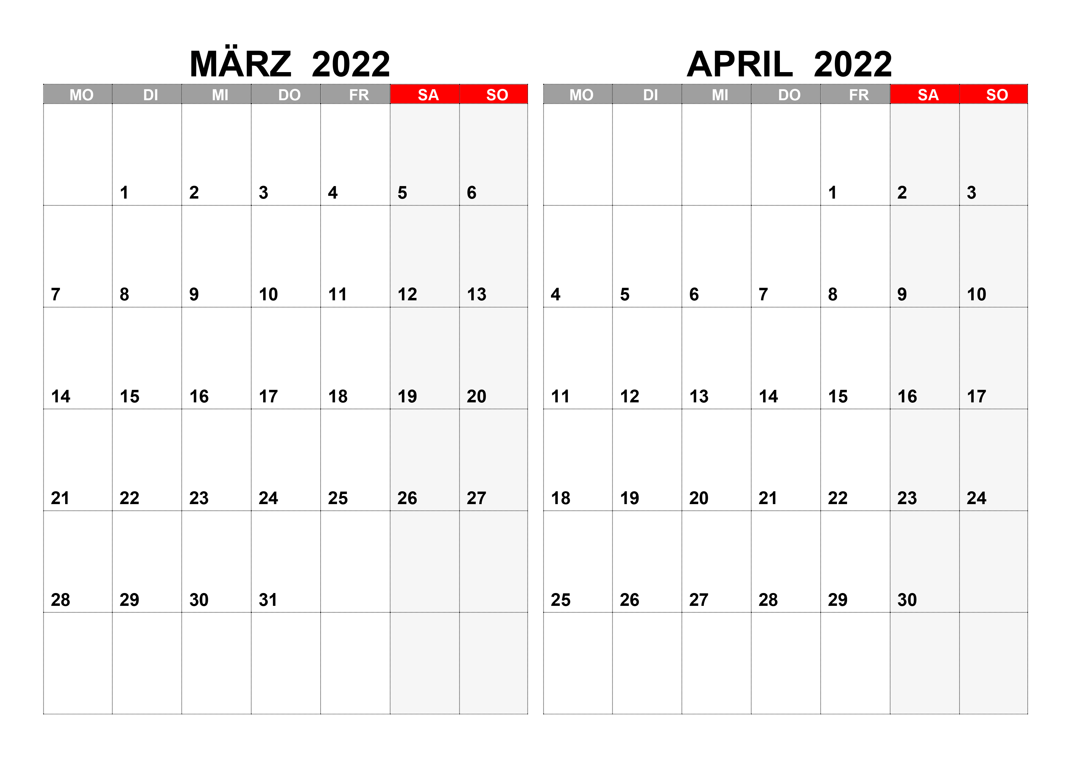 Kalender Für März, April 2022 – Kalender.su