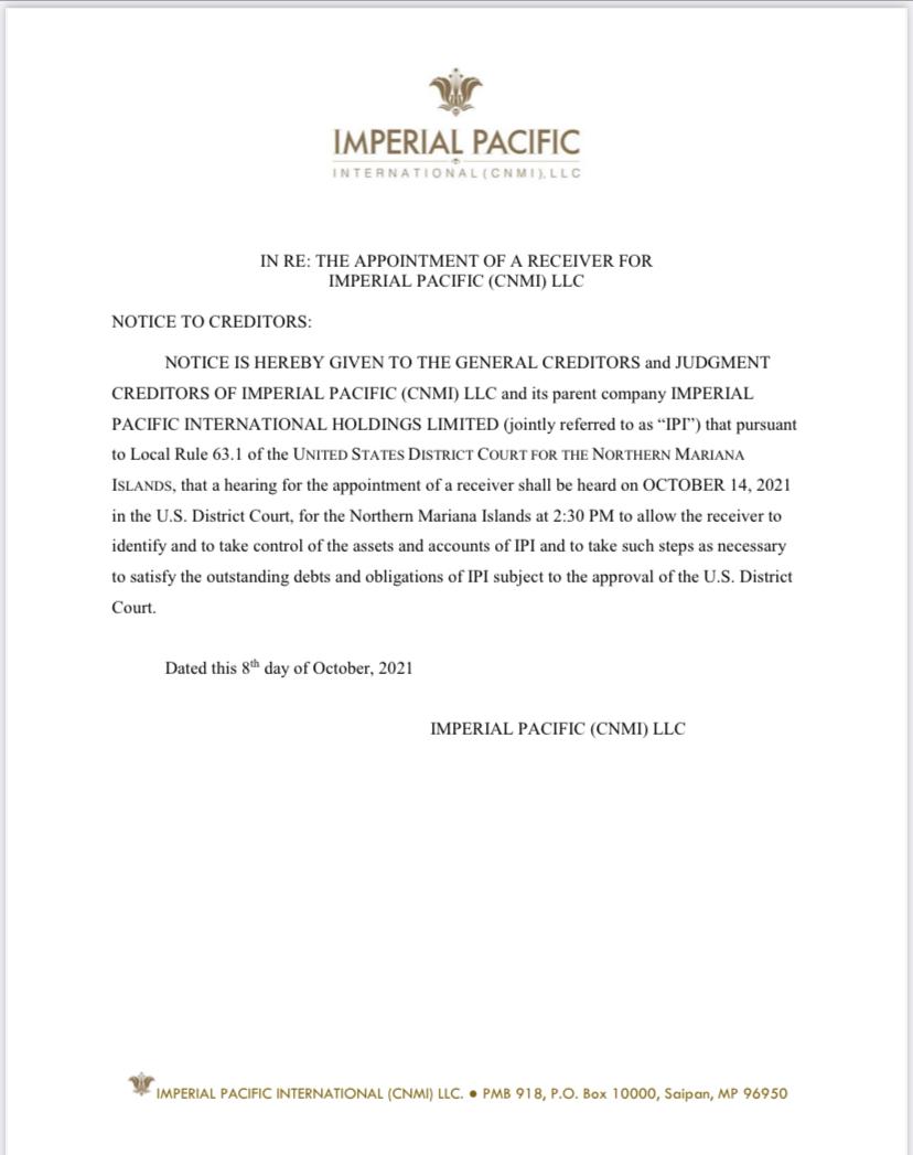 IPI CNMI notifies creditors of receivership hearing in federal court KANDIT News Group
