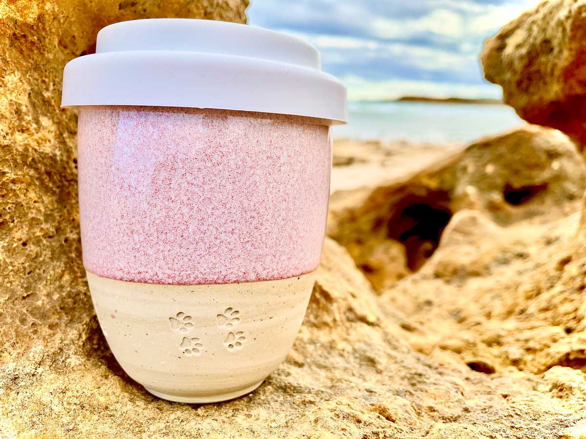 Handmade Ceramic Coffee Keep Cup Queenscliff Dog Paws Kangaroo Jack
