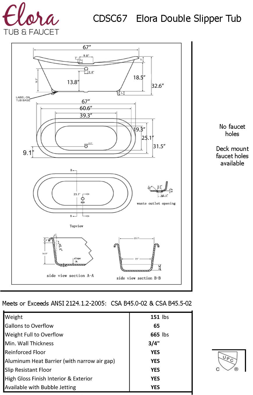 Acrylic Double Slipper 67" Clawfoot Tub CDSC67 Kanrep Norris