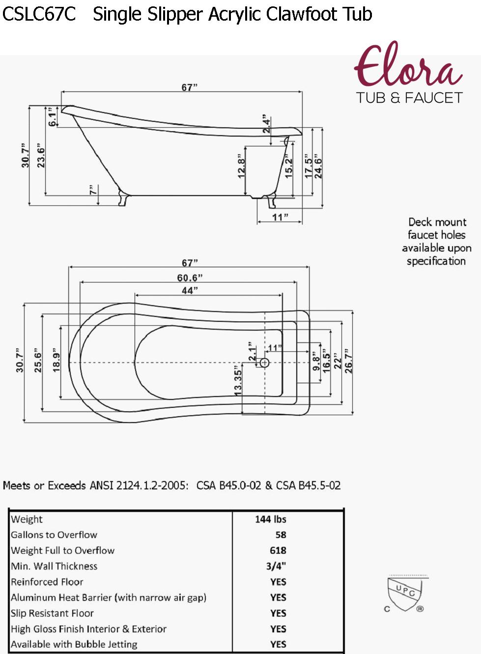 67" Acrylic Slipper Tub Pkg. with Deluxe Shower S67A168 Kanrep Norris