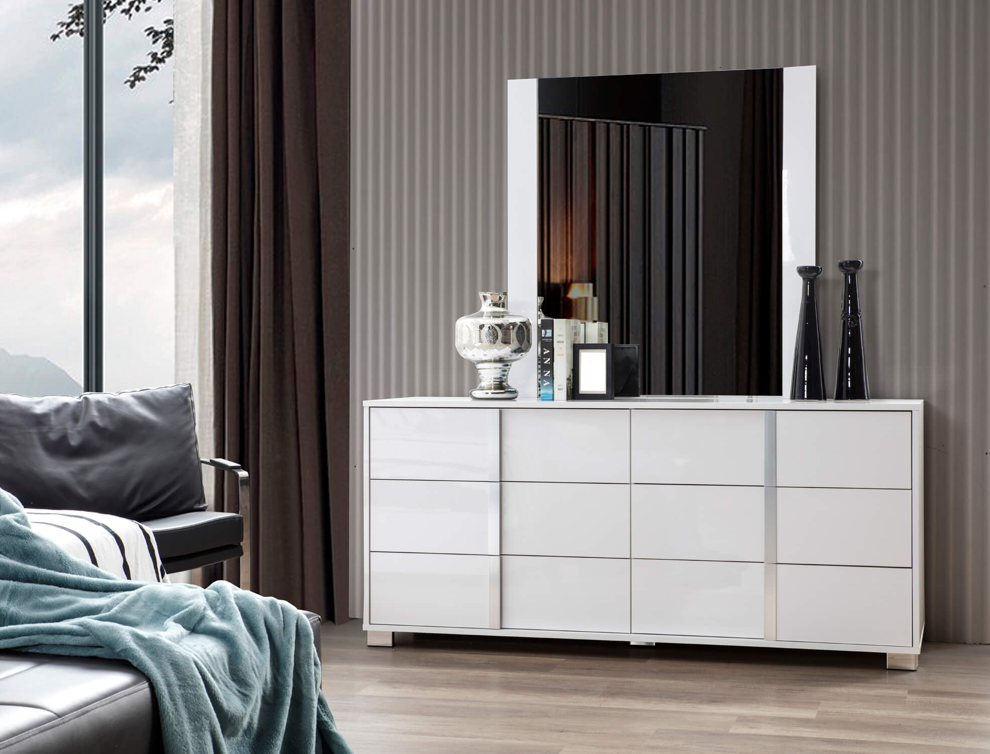 Roma 6Drawer Glossy Dresser & Mirror, White Kansole