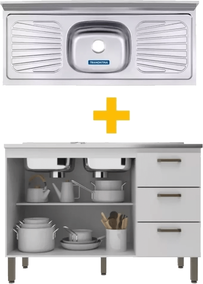 Bajo Mesada 3 Cajones + Pileta Bacha al Medio de Acero Inoxidable